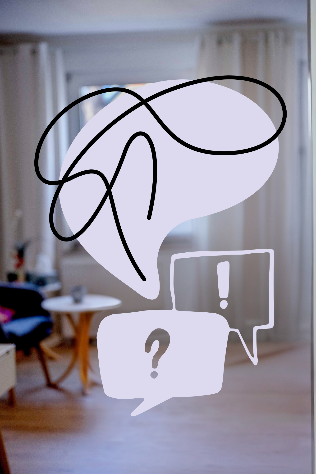 AuDHSBeratung Inclusive Minds Logo: minimalistisches lila Gehirn mit einer Sprechblase. Darunter zwei lila Sprechblasen mit Fragezeichen und Ausrufezeichen.